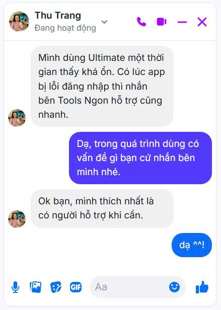 Phản hồi của khách hàng Thu Trang về Tools Ngon